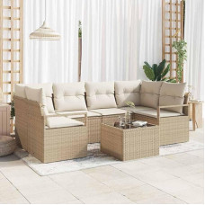Garten-Sofa-Set 7-teilig modular aus Poly-Rattan mit Glasplatte in Schwarz und Creme, inklusive Stauraum und abnehmbaren Kissen