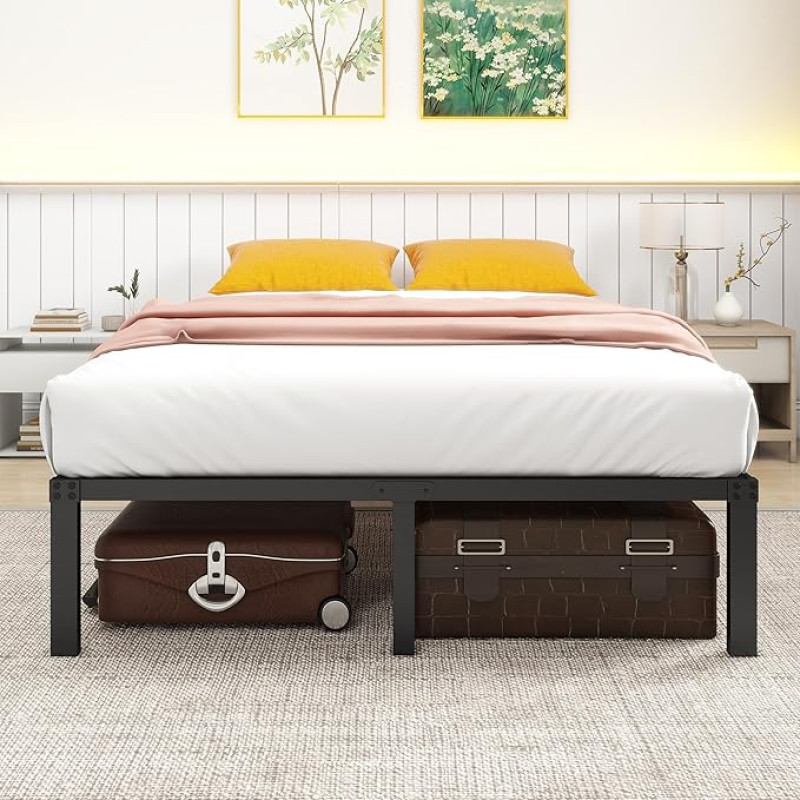 HOMERECOMMEND 36 cm dvivietės metalinės lovos rėmas su laikymo vieta po lova / plieninis čiužinio pagrindas su skersiniais - nereikia spyruoklės - geresnė atrama - netriukšmingas - juodas