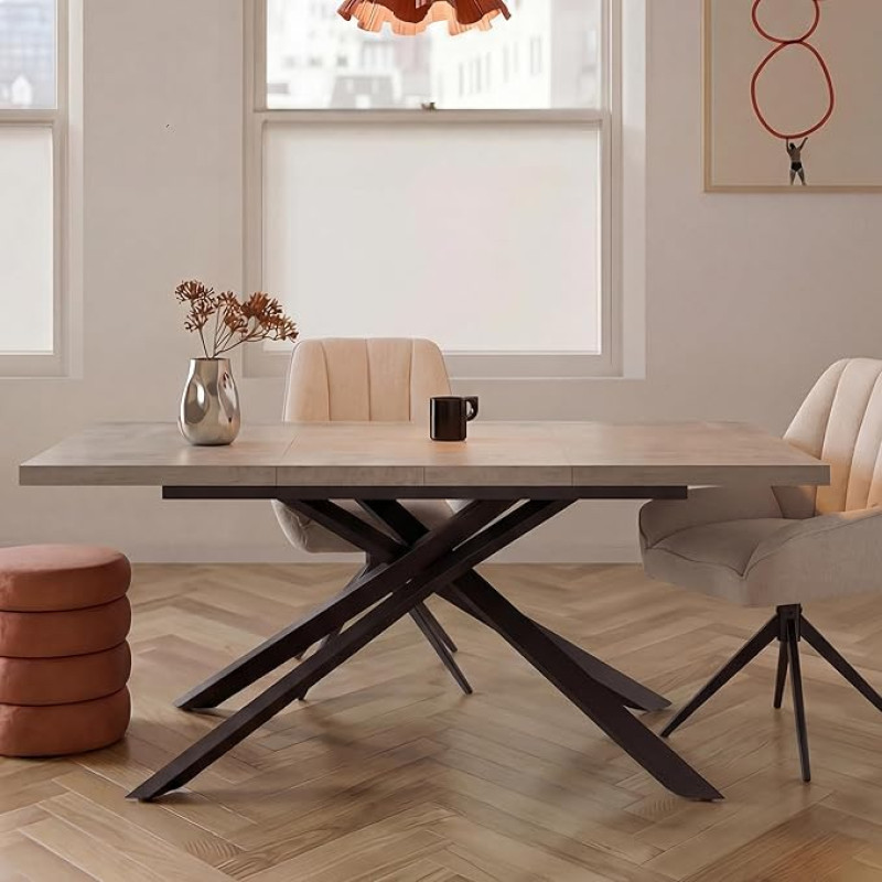 DUBI Möbel MALTE Išskleidžiamas valgomojo stalas 140-180-220 × 90 × 76 cm, betono išvaizdos, metalinis X-karkasas, modernus ir lengvai prižiūrimas, 6-10 žmonių