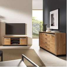 URBANIA-166 Living Room Furniture Set 2-Piece Chest of Drawers Sideboard Lowboard TV Cabinet Modern Oak with Black