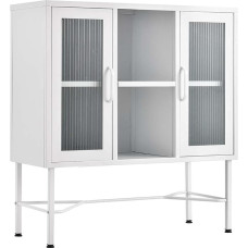BAKAJI Sideboard with Double Door and 6 Shelves for Indoor Sideboard Multipurpose Cabinet Home Kitchen Bathroom Office Modern Design Metal and Glass 85 x 35 x 150 cm (White)