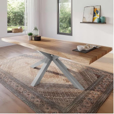 Valgomojo stalas 300 x 100 cm, Akacijų medžio masyvas, natūralios spalvos stalviršis, tikros mentės, sidabrinis voratinklio rėmas, medžio krašto stalas