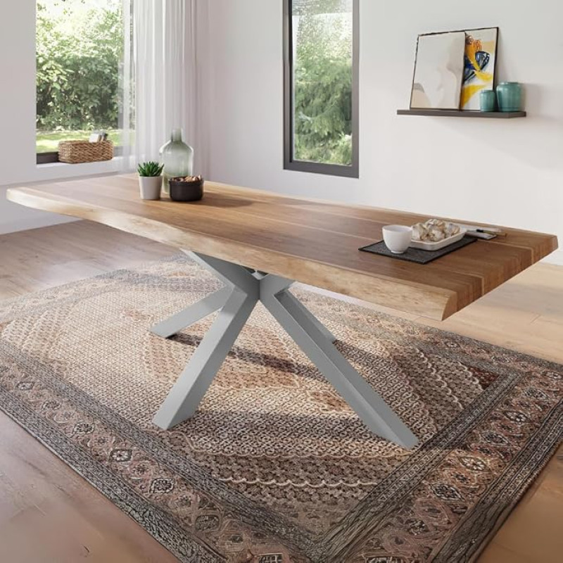 Valgomojo stalas 300 x 100 cm, Akacijų medžio masyvas, natūralios spalvos stalviršis, tikros mentės, sidabrinis voratinklio rėmas, medžio krašto stalas