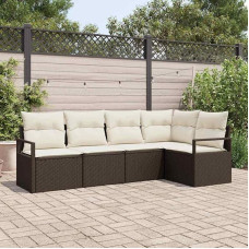 5-teiliges modulares Gartensofa-Set in Braun und Weiß aus Poly-Rattan mit Kissen als Outdoor Ecksofa Garnitur für die Terrasse