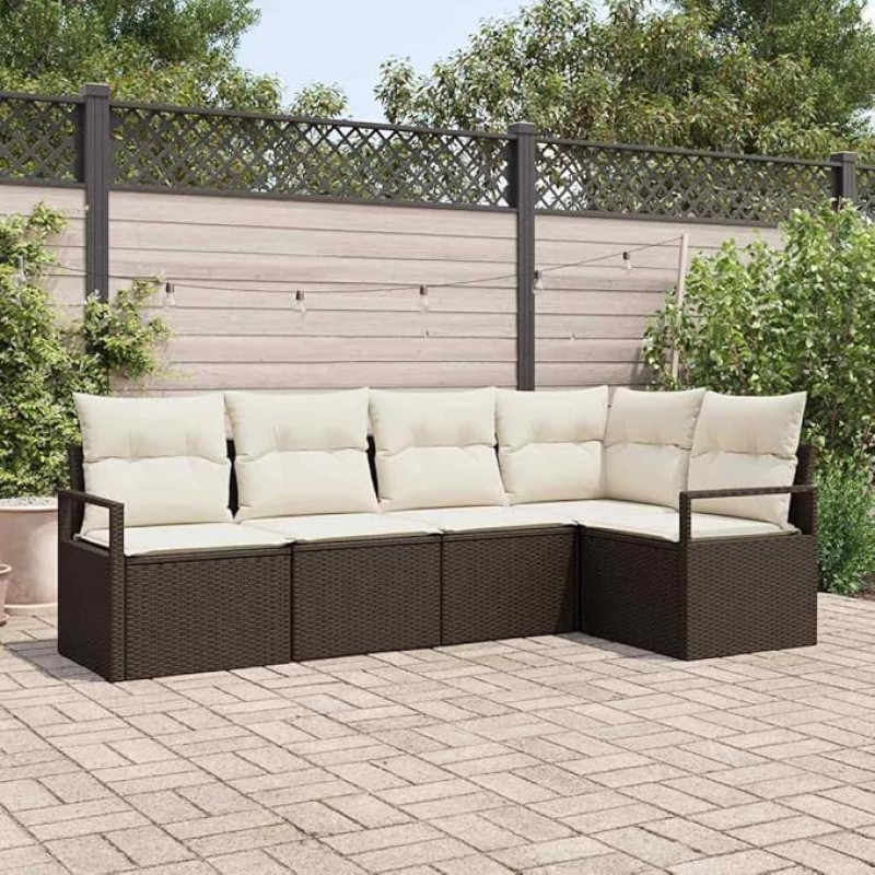 5-teiliges modulares Gartensofa-Set in Braun und Weiß aus Poly-Rattan mit Kissen als Outdoor Ecksofa Garnitur für die Terrasse