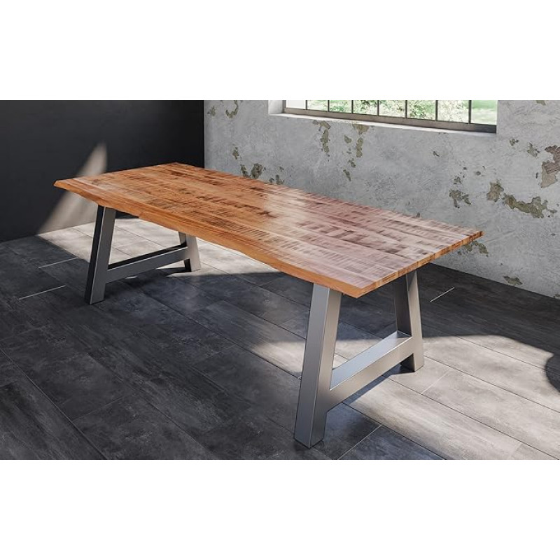 SAM Dora valgomojo stalas 300 x 100 cm, lakuotas natūralios spalvos mangmedžio masyvo stalas su sidabro spalvos metaliniu rėmu, 26 mm storio tikros medienos lazdele