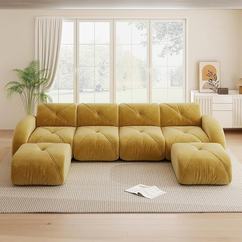 U formos modulinė sofa, Rahmenloses Sofa, 4-Sitzer-Kombinationsofa-Set, inklusive 2 Hockern, Geeignet für das Wohnzimmer, Bequemer Stoff, rutschfestes Design, Gelb, Keine Montage erforderlich