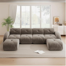 U formos modulinė sofa, Rahmenloses Sofa, 4-Sitzer-Kombinationsofa-Set, Inklusive 2 Hockern, geeignet für das Wohnzimmer, Bequemer Stoff, rutschfestes Design, braun, Keine Montage erforderlich