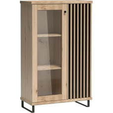 MINIO go for it - Mali Display Cabinet with Slats, 86.4 x 141.9 x 40.6 cm, Display Cabinet with Glass Doors, for Living Room, Glass Display Cabinet, with Metal Feet, without LED Lighting - Artisan Oak