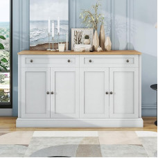 I0I&I0I Large Sideboard with 4 Doors and 2 Drawers - Modern Buffet Cabinet for Dining Room and Living Room - 150 x 86 x 40 cm (Antique White + Natural Wood)