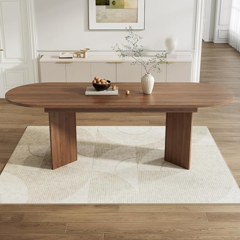 Išskleidžiamas medinis valgomojo stalas, 160/200 x 90 x 75 cm, išskleidžiamas virtuvės stalas 4-6 žmonėms, valgomojo stalas su užapvalintais kampais, tvirtas, riešutmedžio spalvos (B)