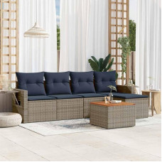 6-teiliges Gartensofa-Set mit Kissen aus grauem Polyrattan und Beistelltisch, Gartenmöbel Set 6-teilig PE Rattan grau inklusive Akazienholz Tisch