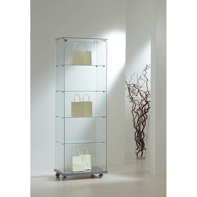 MHN stiklinė vitrina be rėmo D 40 x Š 60 x V 180 cm - siaura vitrina iš apsauginio stiklo, rakinama - prekybinė vitrina su ratukais - be apšvietimo
