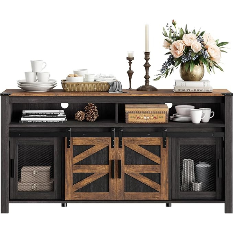 WAMPAT Farmhouse Buffetschrank, rustikales Sideboard mit Schiebetüren, 150 cm, Kaffeebar, Aufbewahrungsschrank mit Netztüren, antikes Schwarz & Braun, Schranktisch für Küche, Esszimmer, Wohnzimmer