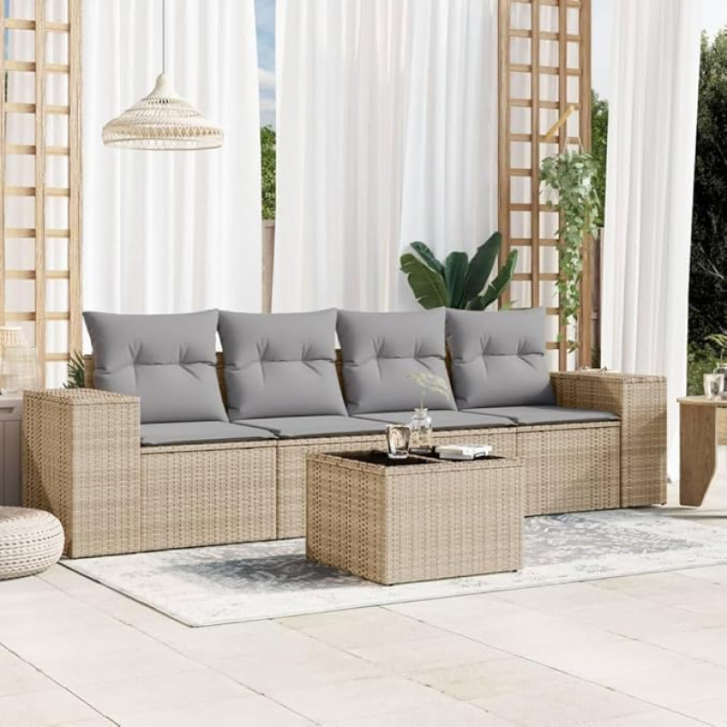 5-TLG. Garten-Sofagarnitur mit Kissen Beige Poly Rattan, Outdoor-Sofagarnitur aus robustem PE-Rattan, Gartensessel mit Kissen für Terrasse und Garten