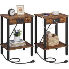 VIMBER - Set of 2 Side Tables with Charging Station, Narrow Side Table with USB Ports and Sockets, Bedside Tables with 2-Tier Shelves, Coffee Table for