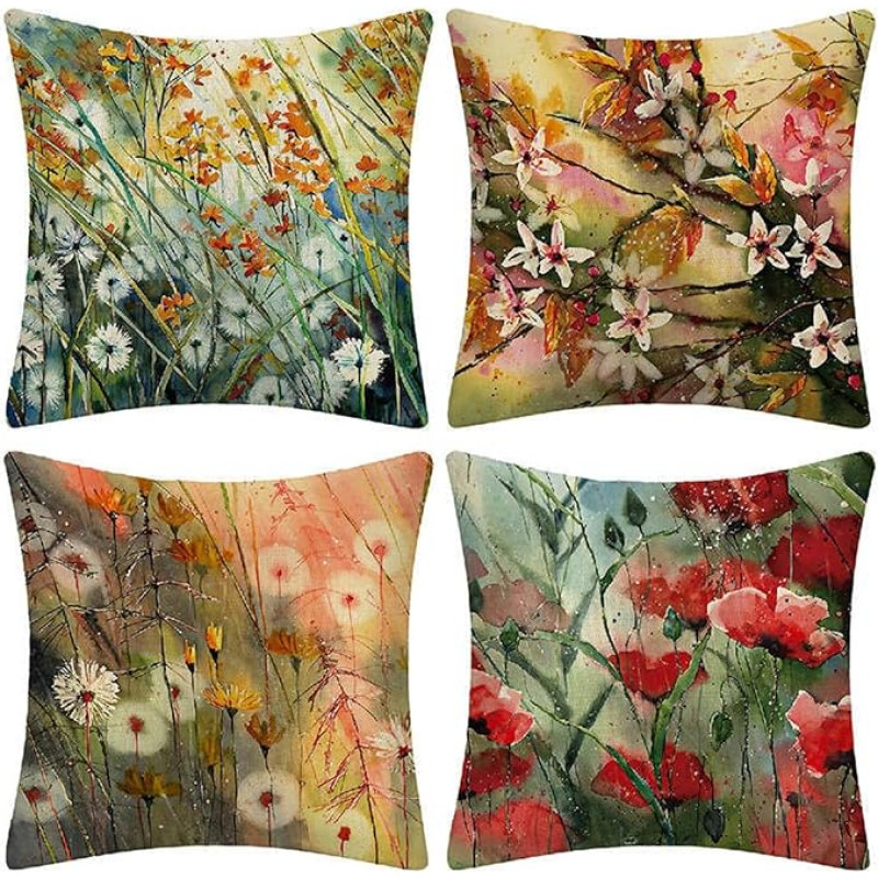 Pagalvėlės užvalkalas 70 x 70 cm Gėlių pagalvėlių užvalkalai, 4 vnt., Lininiai dvipusiai pagalvėlių užvalkalai su nematomu užtrauktuku, dekoratyvinis pagalvėlės užvalkalas, mesti pagalvėlės užvalkalą, kvadratinis sofos pagalvėlės užvalkalas namų dekorui