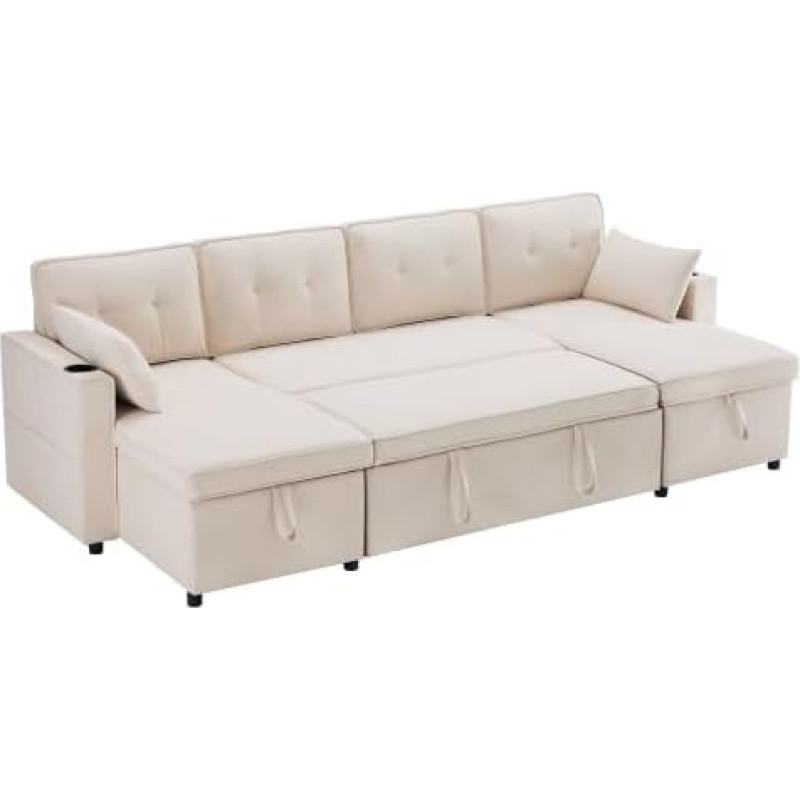 HAINEW Moderni kampinė sofa-lova su miego funkcija ir laikymo vieta, 4 sėdimų vietų U formos sofa-lova Minkšta sofa su gėrimų laikikliu gyvenamajame kambaryje (smėlio spalvos)