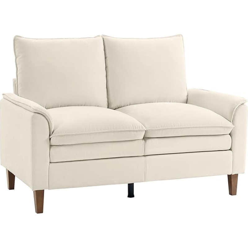 HOMCOM sofa 2 vietų maža sofa su dvigubu paminkštinimu, 146 cm dvigulė sofa su gilia sėdyne, aukštu atlošu Moderni minkšta sofa su medinėmis kojomis, skirta mažoms erdvėms, svetainei, miegamajam, kreminė