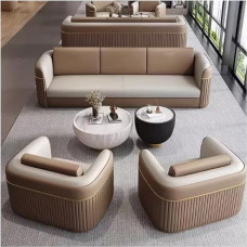 Modernes U-förmiges Ledersofa mit Couchtisch, bequeme Empfangskabine, Couch mit Kissen für Hotellobby, Wartebereich