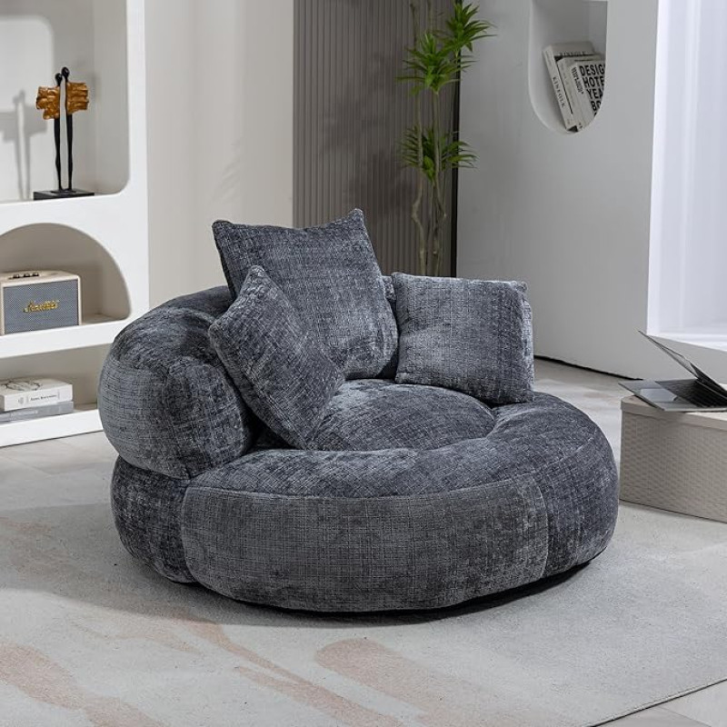 okwish Sofa lova su 3 pagalvėlėmis, kampinė sofa Lazy Sofa Indoor & Outdoor Bean Bag Recliner Chair for Bedroom, Office, Poster Chair, Chenille Fabric, Grey