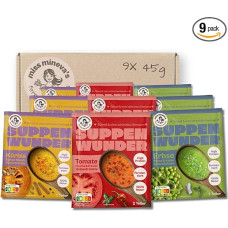 Miss Mineva's Soup Miracle Mix - pomidorų, žirnių, moliūgų | 100 % natūrali, fermentuota, daug baltymų ir veganiška | Be pramoninio cukraus | Be dirbtinių priedų | Greitai paruošiama sriuba maišeliuose | 9 × 45 g