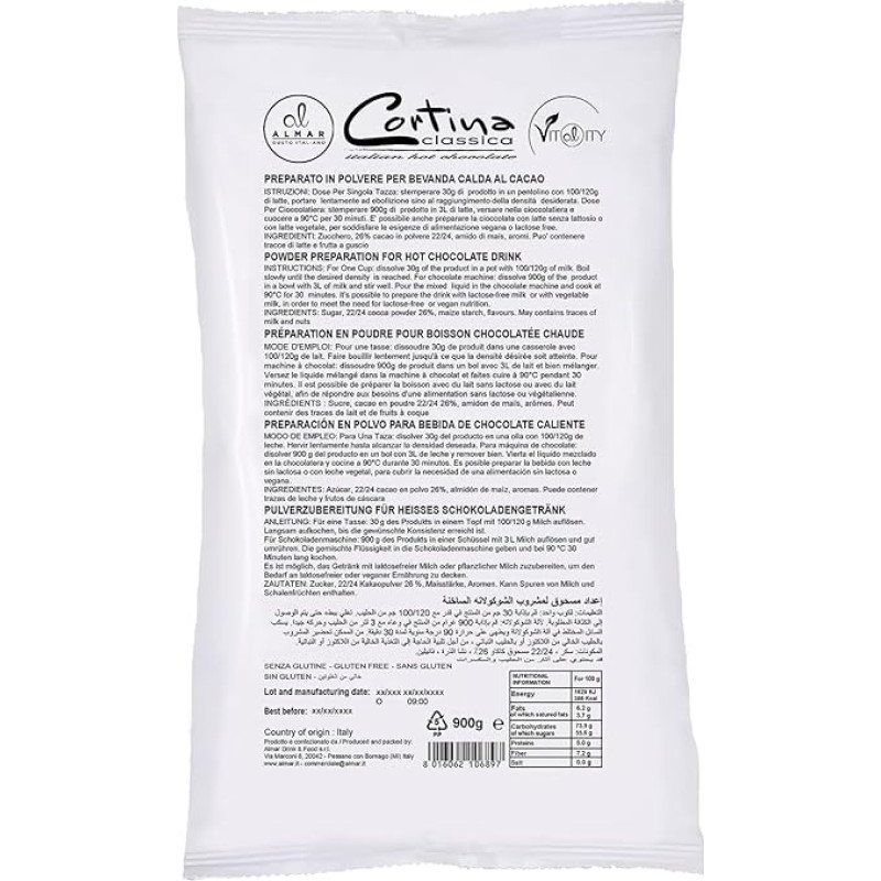 ALMAR Cortina Vitality Classic karštas šokoladas, 900 g, be glitimo, be laktozės, veganiškas ir augalinis, kreminis itališkas geriamasis šokoladas, profesionalios kokybės, skirtas kavinėms, viešojo maitinimo įstaigoms ir namams