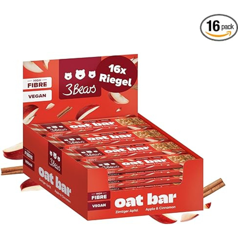 3Bears Oat Bar Cereal Bar Cinnamon Apple (16 x 45 g) - veganiškas, daug skaidulų, be pramoninio cukraus ir palmių aliejaus - patogus avižų batonėlis su cinamonu, skirtas kelionėms, biurui ir sportui