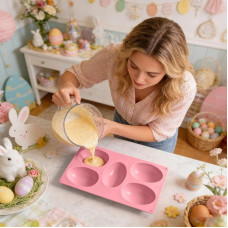 Easter Silicone Molds for Egg Chocolate, 5 Cavity Non-Stick Easter Egg Shaped Silicone Molds for Easter Chocolate, Hot Chocolate, Cocoa Bombs, Party Jelly, Ice Cube, Soap (Pink)