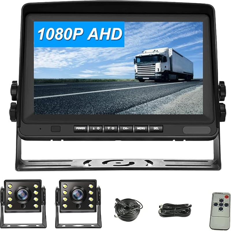 CAMECHO RV atbulinės eigos kameros rinkinys su 8 colių LCD monitoriumi + AHD 1080P galinio vaizdo kamera x 2 su naktinio matymo IP69 vandeniui atsparia įranga sunkvežimiams, priekaboms, autobusams, mikroautobusams ir žemės ūkio reikmėms su 5 m + 15 m kabe