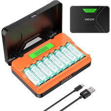 ENEGON 8-Fach Schnellladegerät für AA/AAA mit LCD-Display + 8 AA NI-MH Akkus (2400mAh), USB-C Ladestation mit Aufbewahrung - für Mäuse,Spielzeug & Elektronik