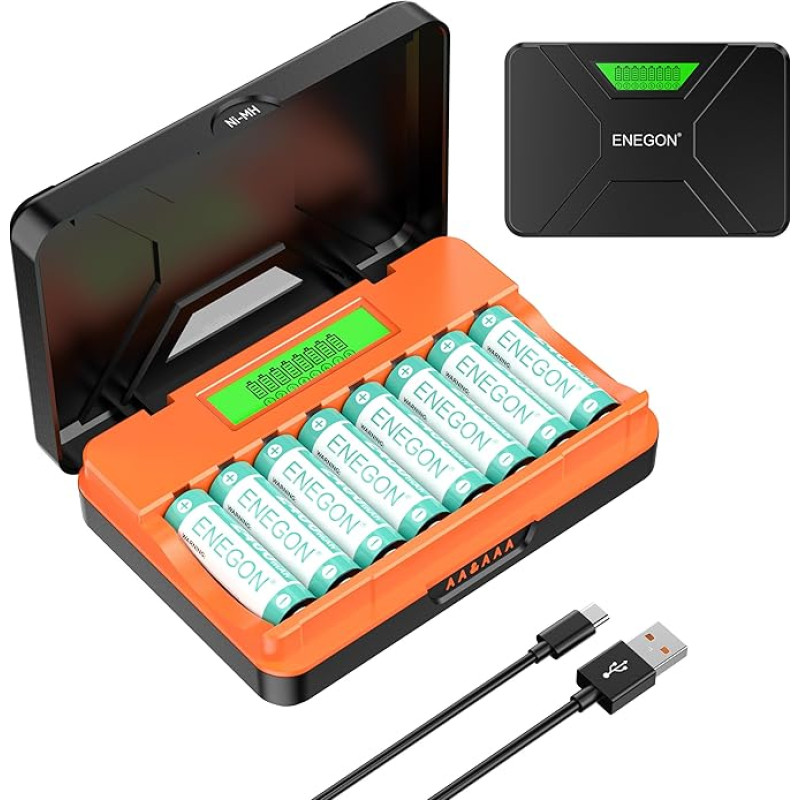 ENEGON 8-Fach Schnellladegerät für AA/AAA mit LCD-Display + 8 AA NI-MH Akkus (2400mAh), USB-C Ladestation mit Aufbewahrung – für Mäuse,Spielzeug & Elektronik