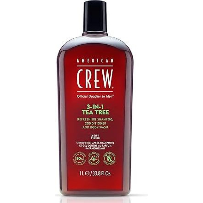 AMERICAN CREW 3-in-1 Tea Tree šampūnas, kondicionierius ir kūno prausiklis, 1000 ml, priežiūros šampūnas ir dušo želė vyrams, kasdienio kūno ir plaukų valymo priemonė