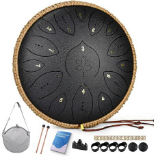 Tongue Drum 13 Inch 15 Tones Hand Pan Drums for Adults 440 Hz, C Major Handpan Musical Instrument with Songbook, Mallets and Carry Bag, Black