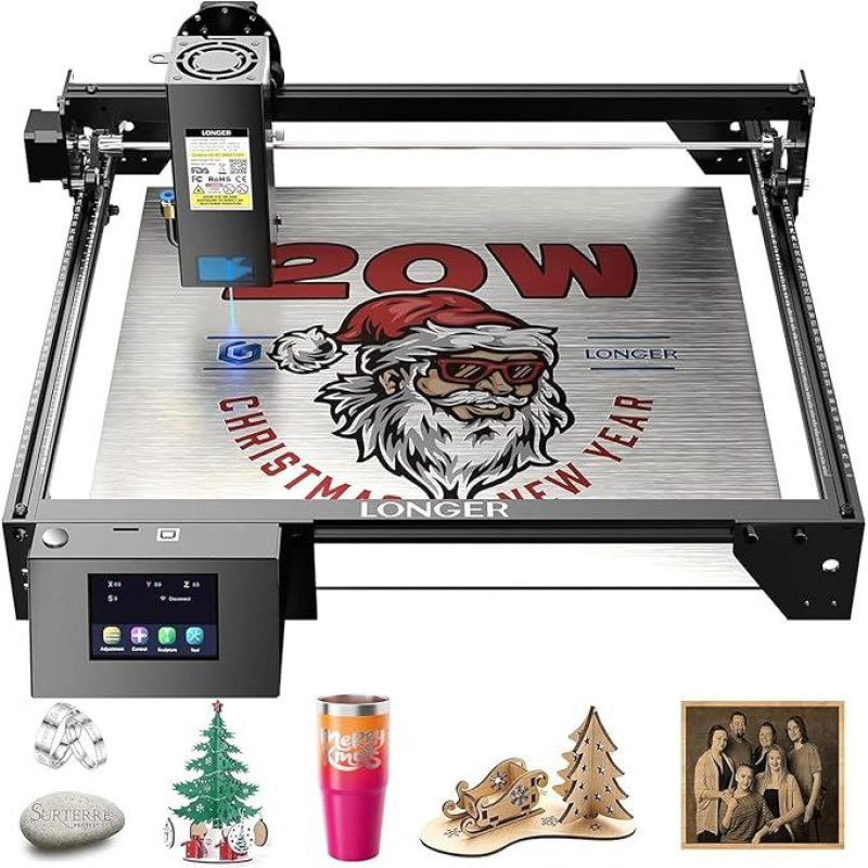 Longer RAY5 20 W lazerinis graviratorius, 130 W CNC lazerinis pjaustytuvas, valdymas neprisijungus prie interneto per programėlę, graviravimo įrankis metalui/stiklui/medienai, graviravimo greitis 24 000 mm/min