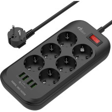 Hulker Power Strip with USB, Multiple Sockets, 6 Sockets, 4 USB Ports, Adapter Plug with Surge Protection, 2 m Cable, EU Socket