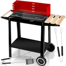 Five-Star Grill&Chill Charcoal Grill - Chrome-plated Double Grate 50 x 26.5 cm, 4-Way Height Adjustable - Mobile with Wheels & Wooden Shelf - For Garden, Balcony & Camping - Enamelled Fire Bowl