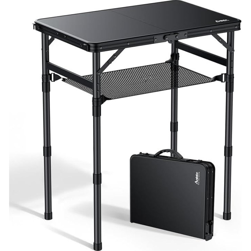 Anbte Folding Camping Table, 58 x 40 cm, Aluminium Frame & Plastic Table Top with 3 Heights, Adjustable, 26/48/70 cm, Picnic Table with Storage Net, Folding Table for Garden, Balcony, Black