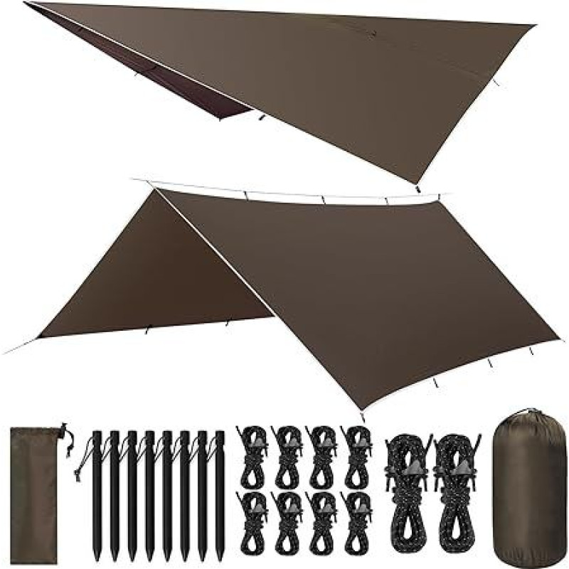 brezentas 3 x 3/3 x 5 m, atsparus vandeniui, itin lengvas kempingo palapinės brezentas, apsaugantis nuo UV spindulių nuo saulės ir lietaus, apsaugantis nuo sniego, su kilpomis + aliuminio kaiščiais + nailono virvėmis, lengvas kompaktiškas, skirtas stovykl