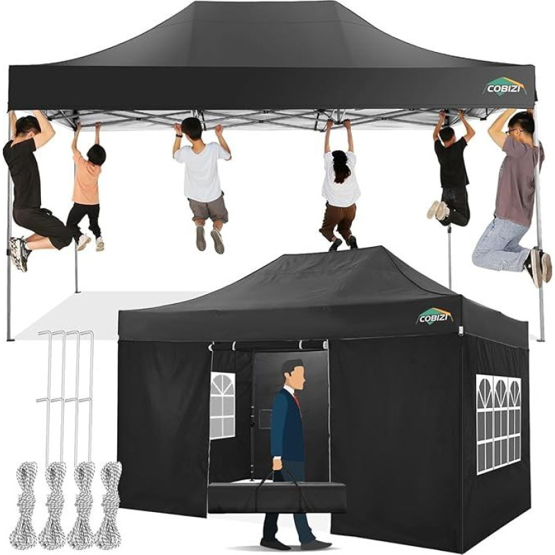 COBIZI Pavillon 3x4,5 Wasserdicht Stabil Winterfest mit 4 Seitenwand,Popup Faltpavillon Partyzelt,Faltbarer Sonnenschutz Gartenpavillon für Strand Hochzeit Camping mit Handtasche(3 mal 4,5m Schwarz)