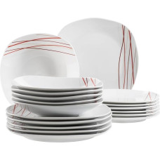 Mäser Sencilla Plate Set for 4 People with Modern Line Decor, 18-Piece Crockery Set with Flat Plates, Deep Plates and Dessert Plates, Porcelain, White