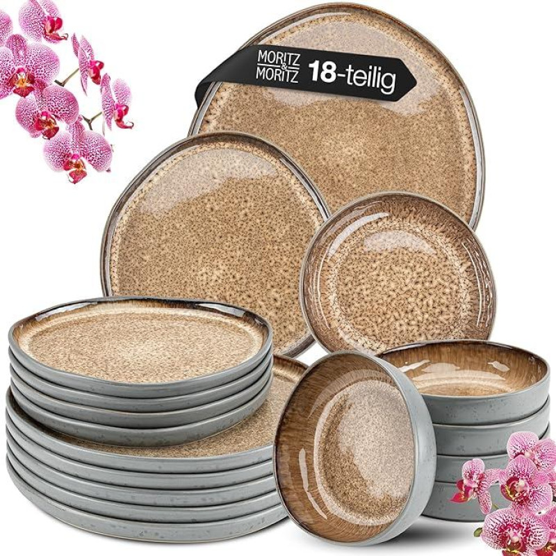 Moritz & Moritz Organic 18-Piece Crockery Set for 6 People, Beige, Elegant Plate Set Made of High-Quality Stoneware, Crockery Set for 6 People, 6 x Dinner Plates, 6 x Dessert Plates, 6 x Soup Plates