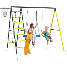 Outsunny Swing Frame up to 160 kg 4-in-1 Children's Swing with 2 Swings, Basketball Hoop, Climbing Ladder, Outdoor Swing Frame with Steel Frame, Garden Swing for 3-8 Years Children 267 x 180 x 202 cm