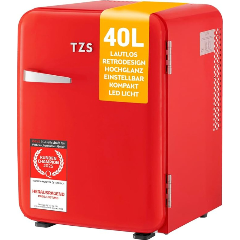 TZS First Austria - Retro mini šaldytuvas 40 L Silent - mažas senovinio dizaino mini šaldytuvas su vidaus apšvietimu ir 2 durelių skyriais - mini baras stovyklavietei, biurui, miegamajam ir viešbučiui - raudonas