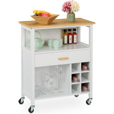 Relaxdays Kitchen Trolley, Wine Rack for 6 Bottles, Drawer, 2 Compartments, 80 x 65 x 35 cm, Bamboo Worktop, MDF, White/Natural