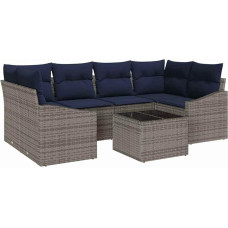 vidaXL Sofa Set mit Kissen 7 pcs Grau und Marineblau Poly-Rattan, Moderne Garten- und Terrassen-Lounge, rechteckig, robust, UV-beständig für entspanntes Draußen-Chillen