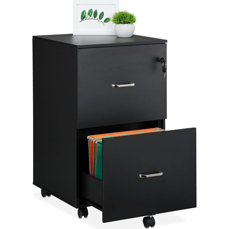 Relaxdays Rolling Container 2 Drawers with Hanging File H 72 x W 43 x D 46 cm Lockable Filing Cabinet Black