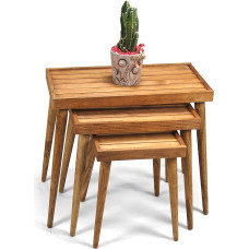 Rustic Solid Wood 3-Piece Nesting Tables with Slatted Panels - Handmade Space Saving Side Table Set