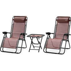 SereneLife Folding Sun Lounger, Set of 2, Zero Gravity Deck Chairs for Garden and Balcony, up to 120 kg, Brown, Adjustable and Weatherproof, with Table and Drink Holder, for Beach, Pool, Relax