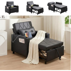 ROCSUMOO Miegamasis krėslas 3 viename, miegamasis krėslas su USB ir C tipo prievadais, išskleidžiamas krėslas su šonine kišene ir 2 puodelių laikikliais, sulankstoma sofa-lova (juoda)